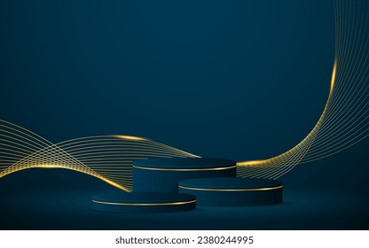 Multi-layered blue podium with elegant gold wave lines on the back for product presentation. Display of cosmetic products. Stage or podium. vector illustration	