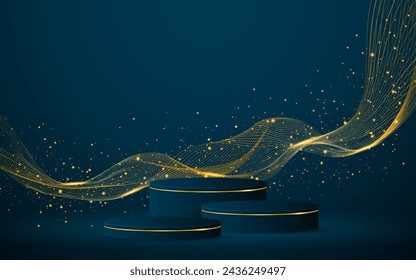 Multi-layered blue podium with elegant gold wave lines on the back for product presentation. Display of cosmetic products. Stage or podium. vector illustration
