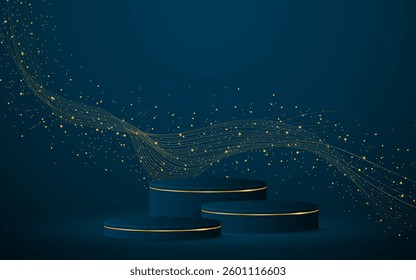 Multi-layered blue podium with elegant gold wave lines on the back for product presentation. Display of cosmetic products. Stage or podium. vector illustration	