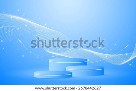 Multi-layered blue podium with elegant white wave lines on the back for product presentation. Display of cosmetic products. Stage or podium. vector illustration	