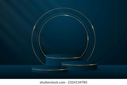 El podio azul de múltiples capas tiene una forma redondeada azul y líneas doradas en la parte posterior para la presentación del producto. Presentación de productos cosméticos. Etapa o podio. ilustración vectorial	