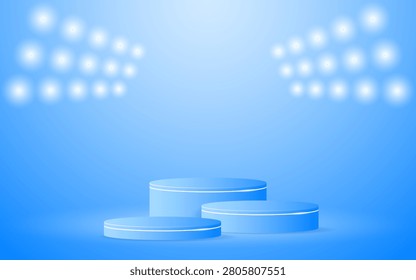 Multi-layered blue podium with white lines and spotlights shining down for product presentation. Display of cosmetic products. Stage or podium. vector illustration