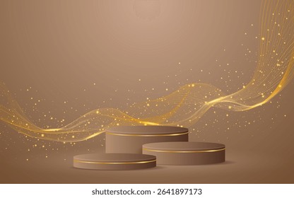 Multi-layered brown podium with elegant gold wave lines on the back for product presentation. Display of cosmetic products. Stage or podium. vector illustration	