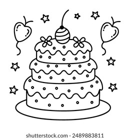 A fanciful, multi-layered cake coloring page in black and white lines.