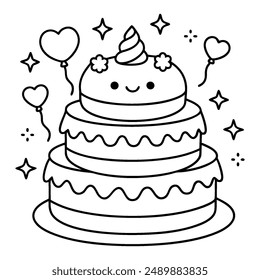 A fanciful, multi-layered cake coloring page in black and white lines.