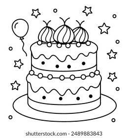 A fanciful, multi-layered cake coloring page in black and white lines.