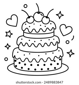 A fanciful, multi-layered cake coloring page in black and white lines.