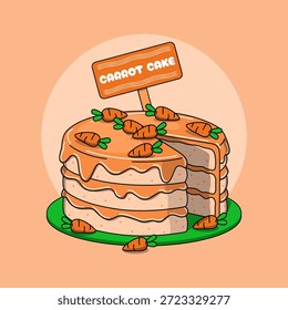 A multi-layered carrot cake set against a soft peach background. Atop the cake sits a wooden-style sign that reads "CARROT CAKE". National Carrot Cake Day, February 3rd