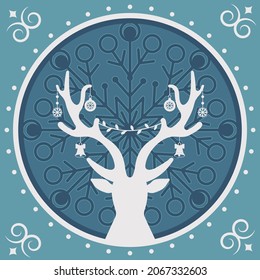 Multi-layered Christmas card deer on a forest background, color vector illustration
