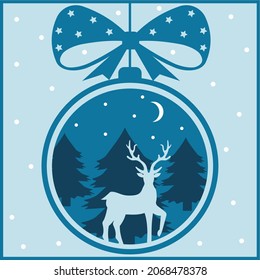 Multi-layered Christmas card deer on a forest background, color vector illustration