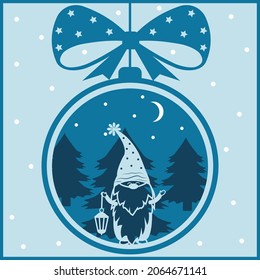 Multi-layered Christmas card to a dwarf with a lantern on a forest background