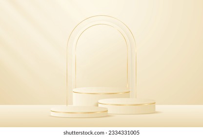 Multi-layered cream podium with cream curved border and gold lines on the back for product presentation. Cosmetic product display. Stage or podium. vector illustration	