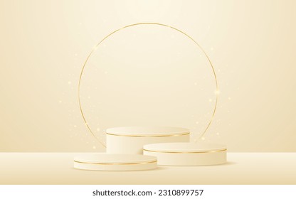 El podio de crema multicapa tiene una elegante línea de círculo dorado en la parte trasera para la presentación de productos. Presentación de productos cosméticos. estadio o podio. ilustración vectorial	