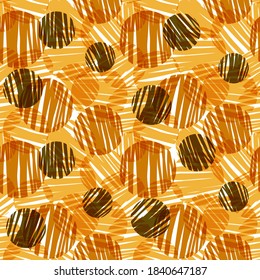 Multilayered funny pattern with scribbly stencil circles. Bright amber colors and informal light motif. Suitable for stationery or textile design.