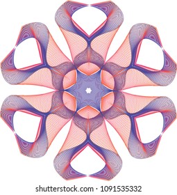 Multi-layered guilloche pinwheel rosette with fluted red and blue petals with mesh wavy lines.