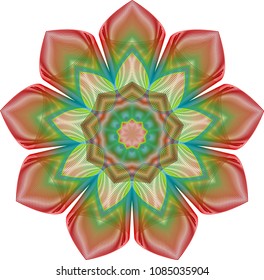 Multi-layered guilloche rosette with fluted petals with earth tone pallet of green, red and sky blue.