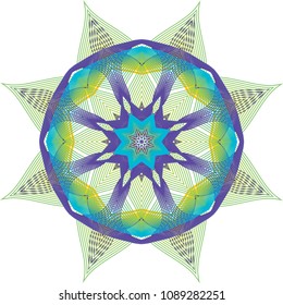 Multi-layered guilloche star compass rosette with contrasting colors of light green, dark purple, yellow and sky blue.
