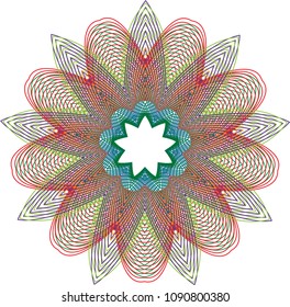 Multi-layered guilloche star rosette with alternating rounded and sharp-ended petals and moire effect.