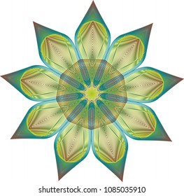 Multi-layered guilloche star rosette with central hexagonal disc and rich tones of brown, light green and teal green hues.