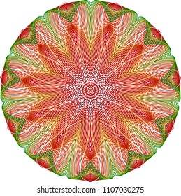 Multi-layered guilloche star rosette with striped colors of deep red, forest green, butter yellow and sky blue.