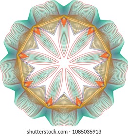 Multi-layered open star guilloche rosette in a contrasting color palette of vintage green, golden yellow and persimmon orange.