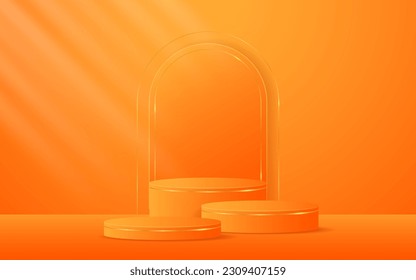 Podio naranja multicapa con borde curvo anaranjado y líneas doradas en la parte posterior para exhibición publicitaria. Presentación de productos cosméticos. Etapa o podio. ilustración vectorial	