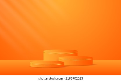 Multi-layered orange podium with elegant gold lines for product presentation. cosmetic product display vector illustration
