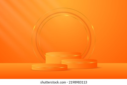 Das mehrschichtige orangefarbene Podium hat eine runde Form und goldene Linien auf der Rückseite zur Produktpräsentation. Vektorgrafik des kosmetischen Produkts