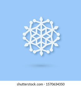 Multilayered Paper Snowflake icon. Symmetric Papercut snow flake silhouette isolated on blue. Winter season weather decoration symbol. Vector flat style Christmas, Noel greeting Origami art snowflake
