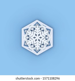 Multilayered Paper Snowflake icon. Symmetric Papercut snow flake silhouette isolated on blue. Winter season weather decoration symbol. Vector flat style Christmas, Noel greeting Origami art snowflake