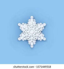 Multilayered Paper Snowflake icon. Symmetric Papercut snow flake silhouette isolated on blue. Winter season weather decoration symbol. Vector flat style Christmas, Noel greeting Origami art snowflake