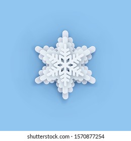 Multilayered Paper Snowflakes Set. Symmetric Papercut snow flake silhouette isolated on blue. Winter season weather decoration icon. Christmas holiday, Noel greeting card. Vector Origami art snowflake