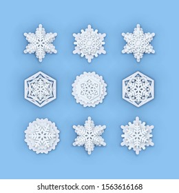 Multilayered Paper Snowflakes Set. Volumetric Papercut snow flake silhouette isolated on blue. Winter season weather decoration icon. Christmas holiday, Noel greeting card. Vector Origami snowflake