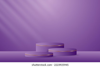 Multi-layered purple podium with elegant gold lines for product presentation. cosmetic product display. vector illustration	