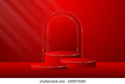 Mehrschichtiges rotes Podium mit roten, gekrümmten Rändern und goldenen Linien auf der Rückseite zur Produktpräsentation. Kosmetische Produktanzeige. Vektorgrafik
