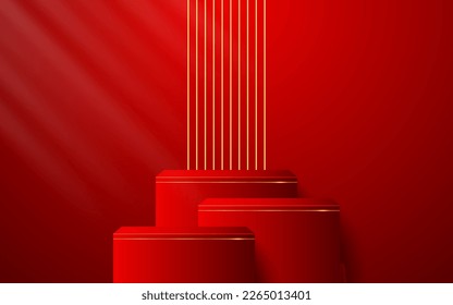 Multi-layered red podium with elegant gold lines on the back for product presentation. Cosmetic product display. stage or podium. vector illustration	