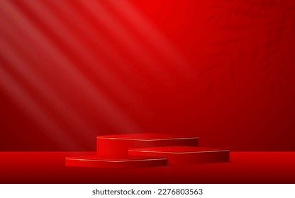 Multi-layered red podium with elegant gold lines for product presentation. Cosmetic product display. stage or podium. vector illustration	