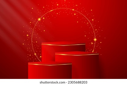 Multi-layered red podium with elegant gold lines for product presentation. Cosmetic product display. stage or podium. vector illustration
