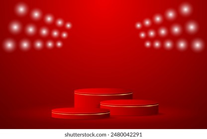 Multi-layered red podium with gold lines and spotlights shining down for product presentation. Display of cosmetic products. Stage or podium. vector illustration	