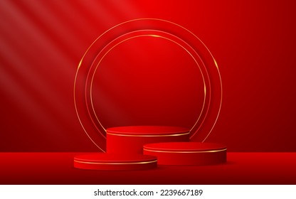 Multi-layered red podium has a round shape and gold lines on the back for product presentation. cosmetic product display. vector illustration	