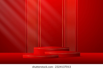 Multi-layered red podium with red stripes with elegant gold lines on the back for product presentation. Cosmetic product display. Stage or podium. vector illustration	