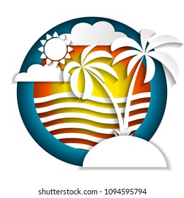 Multilayered summer landscape. Summer beach. Paper art, paper cut, 3d origami style. Vector illustration isolated on white background for advertising banners, flyers, posters, leaflets and more.