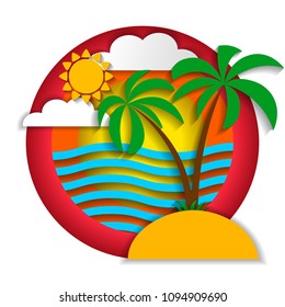 Multilayered summer landscape. Summer beach. Paper art, paper cut, 3d origami style. Vector illustration isolated on white background for advertising banners, flyers, posters, leaflets and more.
