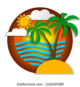 Multilayered summer landscape. Summer beach. Paper art, paper cut, 3d origami style. Vector illustration isolated on white background for advertising banners, flyers, posters, leaflets and more.