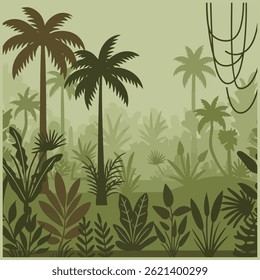Ilustración vectorial multicapa de una densa selva tropical con variados tonos verdes.