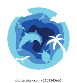 Multi-layered vector image on a marine theme, which depicts seagulls, a sea turtle, dolphins and a palm tree.
