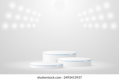 Multi-layered white podium with blue lines and spotlights shining down for product presentation. Display of cosmetic products. Stage or podium. vector illustration