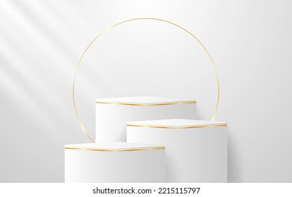 Podio blanco de múltiples capas con elegantes líneas doradas en la parte posterior para la presentación del producto. Presentación de productos cosméticos. ilustración vectorial

