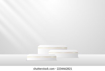 Multi-layered white podium with elegant gold lines for product presentation. cosmetic product display. vector illustration
