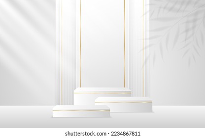 Multi-layered white podium with elegant gold lines and leaf shadows on the back for product presentation. Cosmetic product display. vector illustration
